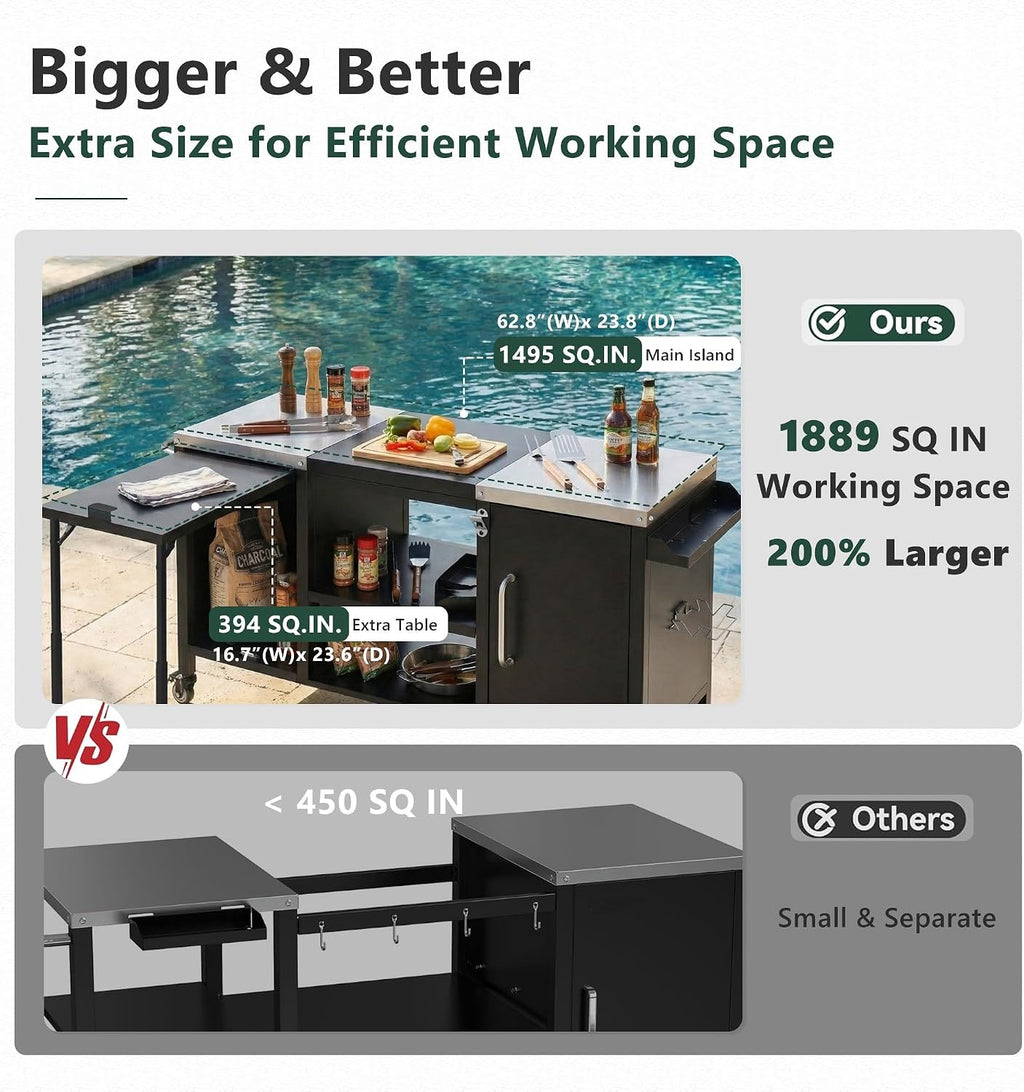 Merax 72.4' Large Grill Table for Large Big Green Egg, Metal Outdoor Grill Cart with Fold-Out Prep Table, Adjustable Shelves, Spice Rack, Outdoor Kitchen Island for Big Green Egg, Kamado Joe Classic