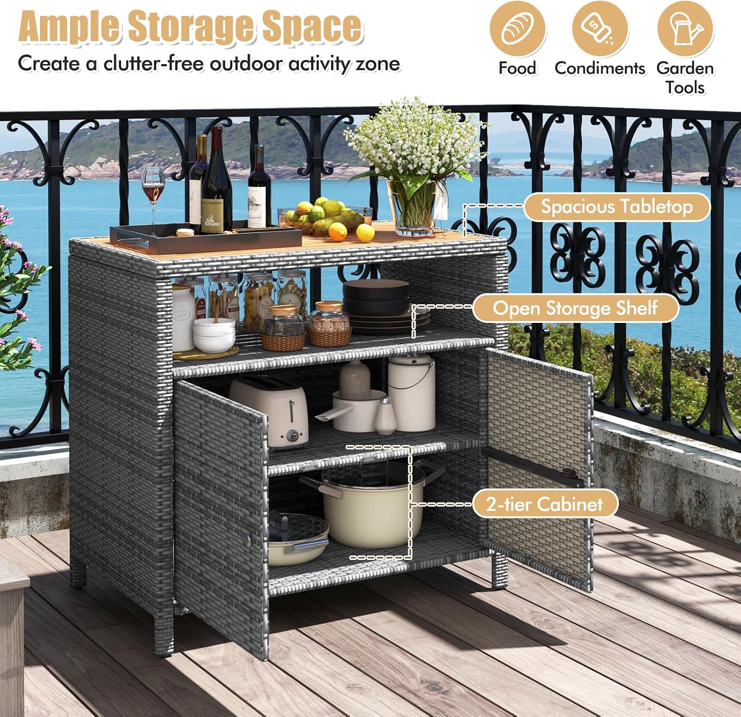 RELAX4LIFE Wicker Outdoor Bar Cabinet - PE Rattan Patio Bar Table w/Acacia Wood Countertop, Open Shelf & 2 Doors, Buffet Sideboard Organizer for Garden Backyard Pool, Outside Storage Cabinet (Grey)