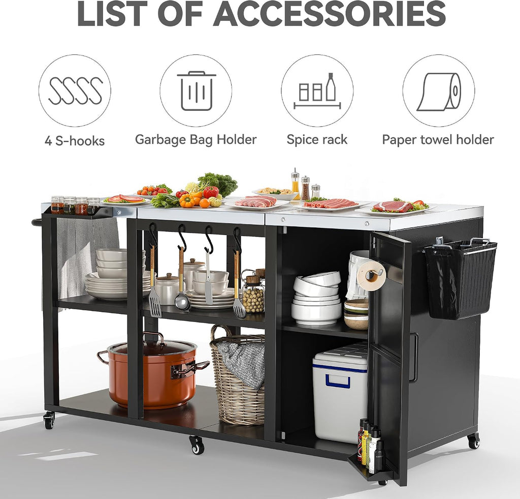 YITAHOME Big Green Egg Grill Table with Removable Stainless Steel Tabletop, Outdoor Kitchen Island with Spice Rack, Paper Towel Holder, and Trash Bag Holder, BBQ Prep Table for Parties