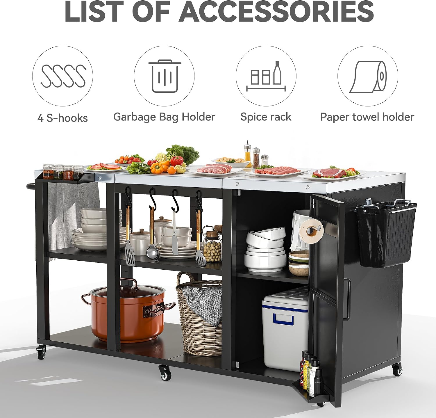 YITAHOME Big Green Egg Grill Table with Removable Stainless Steel Tabletop, Outdoor Kitchen Island with Spice Rack, Paper Towel Holder, and Trash Bag Holder, BBQ Prep Table for Parties