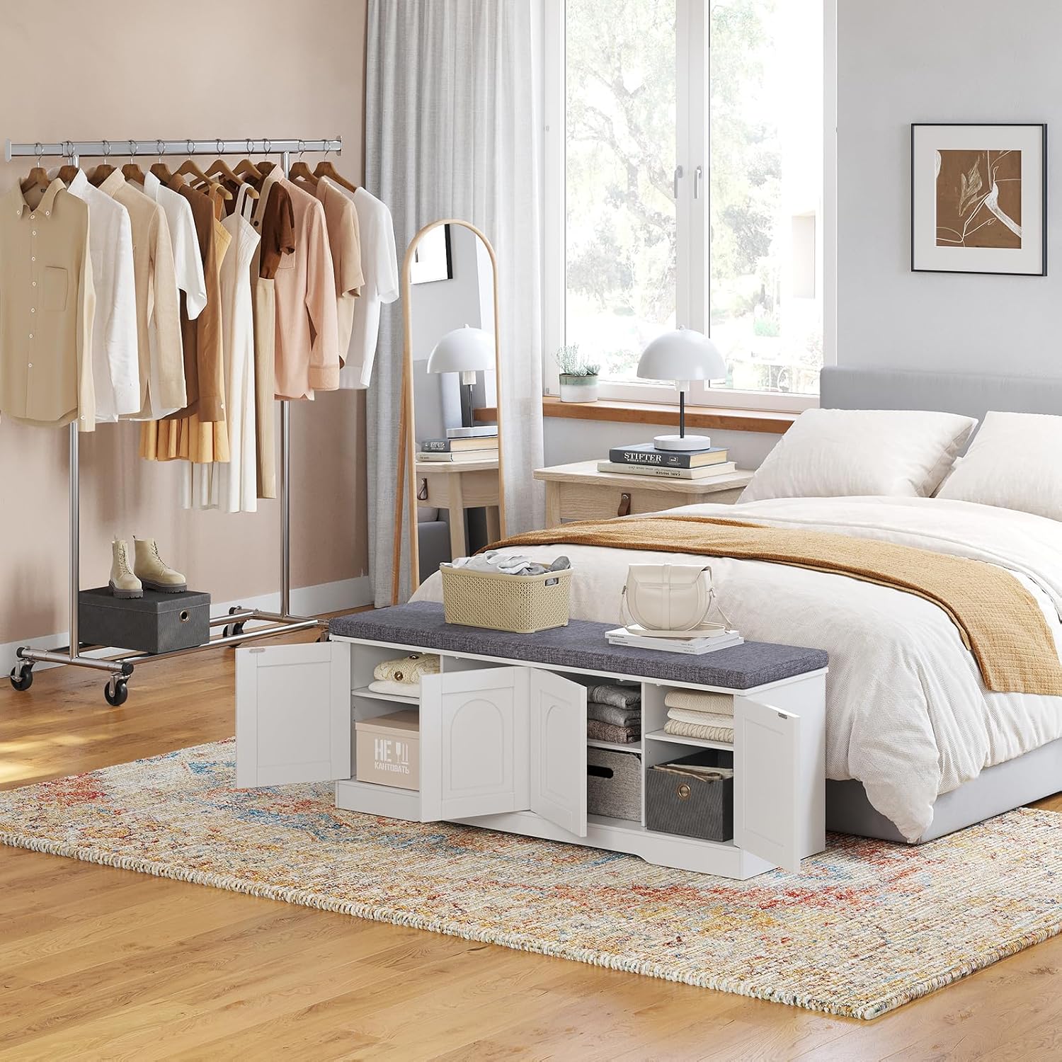 DINZI LVJ Shoe Bench, Entryway Storage Bench with Doors, Cushion, 2-Tier Shoe Rack with 8-Cubby, 47.2'L x 13.8'W Shoe Organizer Cabinet, Adjustable Shelf, Living Room, Bedroom, White