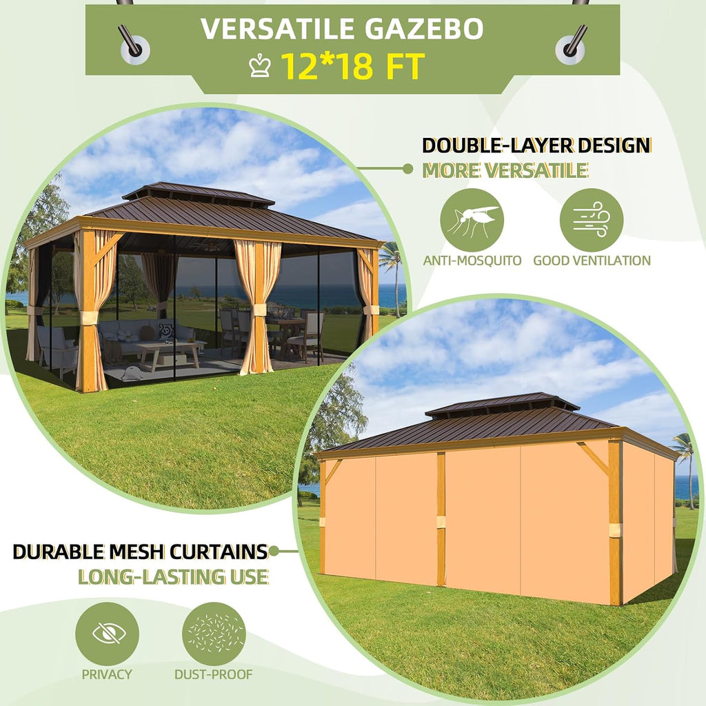 MELLCOM 12'x18' Hardtop Gazebo, Wood Grain Aluminum Frame with Galvanized Steel Double Roof and Water Gutter, Outdoor Permanent Metal Pavilion with Curtains and Nettings for Patios, Gardens and Lawns