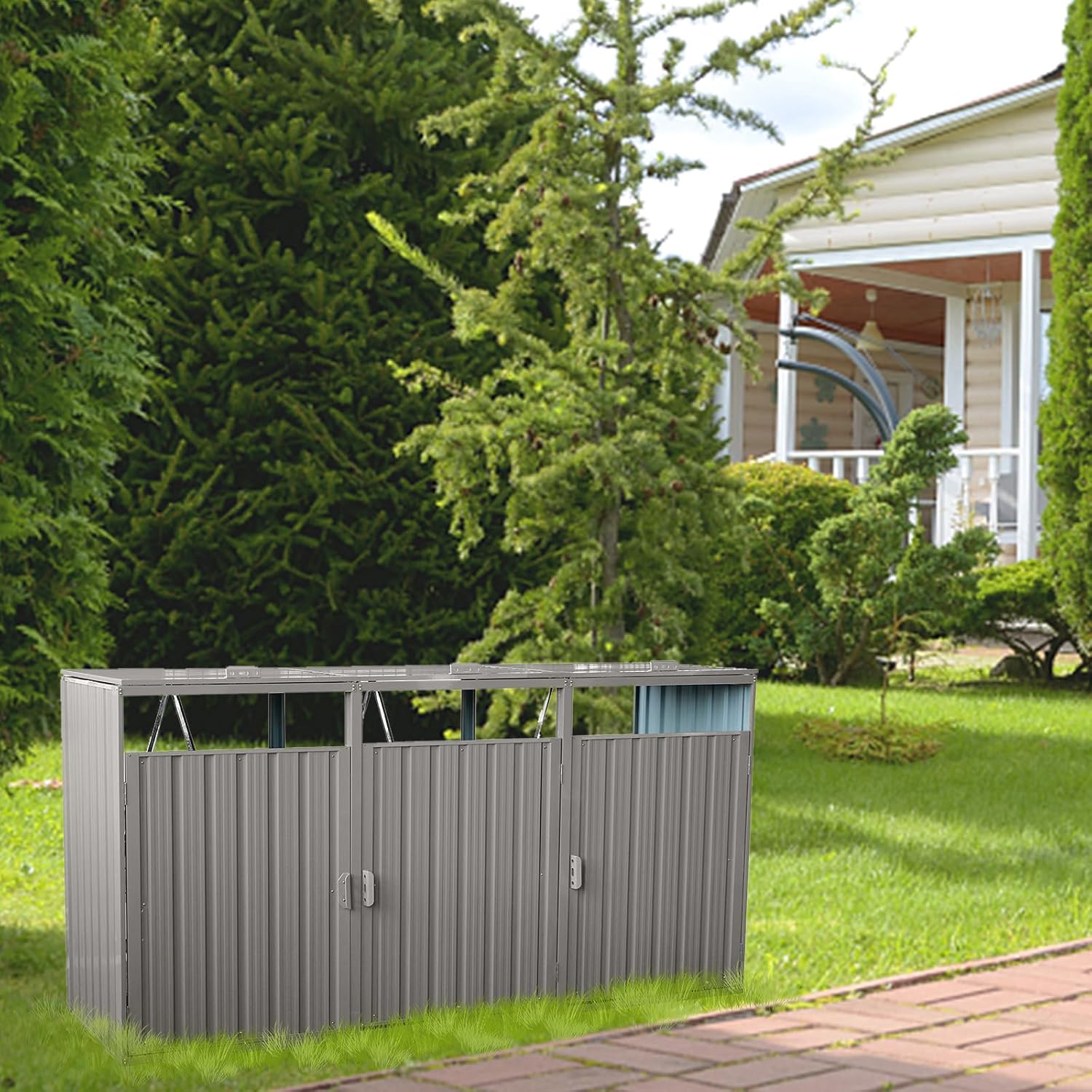 Outdoor Trash Can Storage, Storage Shed for 3 Trash cans and Tools,Waterproof Garbage Bin shed,Metal Trash Can Storage Shed Outdoor for Garden Yard(Light Grey-3 Doors)
