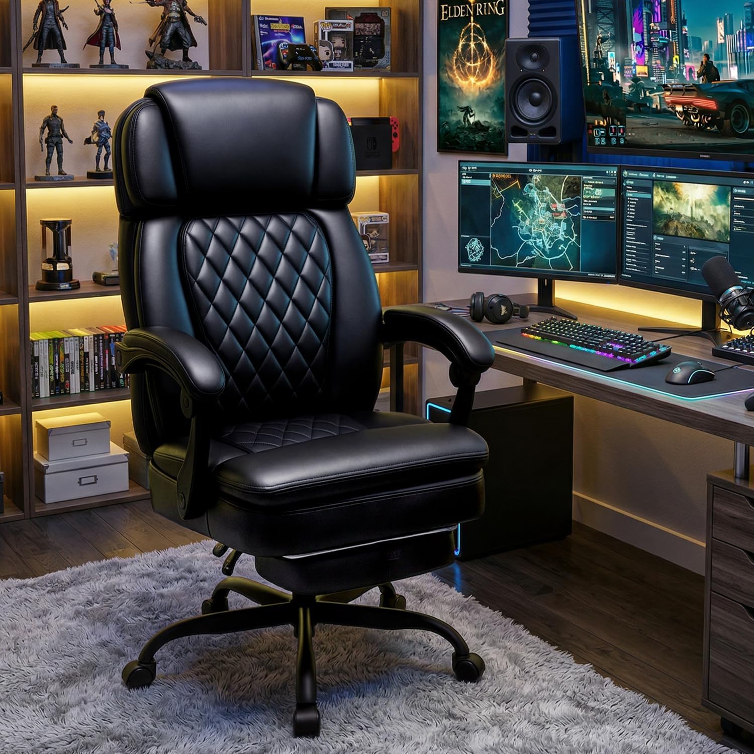 400lbs Executive Office Chair with Foot Rest for Heavy People, Ergonomic Big and Tall Desk Chair with Adjustable Headrest, High Back PU Leather Comfy Heavy Duty Computer Chair with Spring Cushion