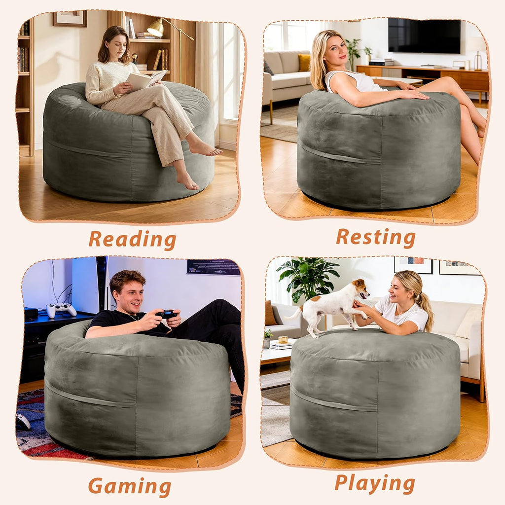 4FT Bean Bag Chair, Bean Bag Chairs for Adults and Kids, Fluffy and Comfy Bean Bag with Velvet Cover, Bean Bag with Memory Foam Filled for Gaming, Living Room, Playroom (Dark Grey)
