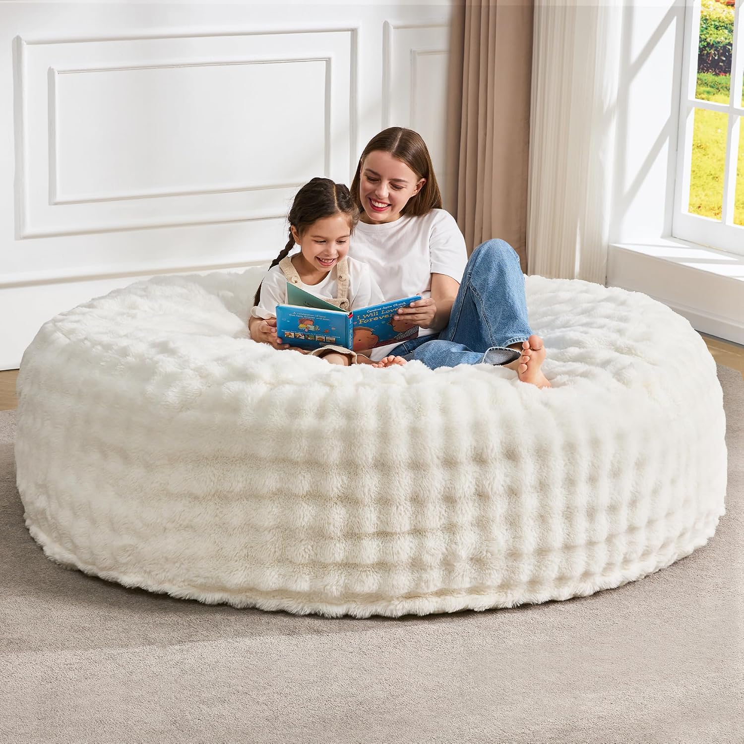 Hobestluk Bean Bag Chairs Beanbag Chair with Filler Adult Bean Bags with Fluffy & Machine Washable Cover, Giant Bean Bag Chairs for Aduts (White, 6FT-70' x 70' x 15')