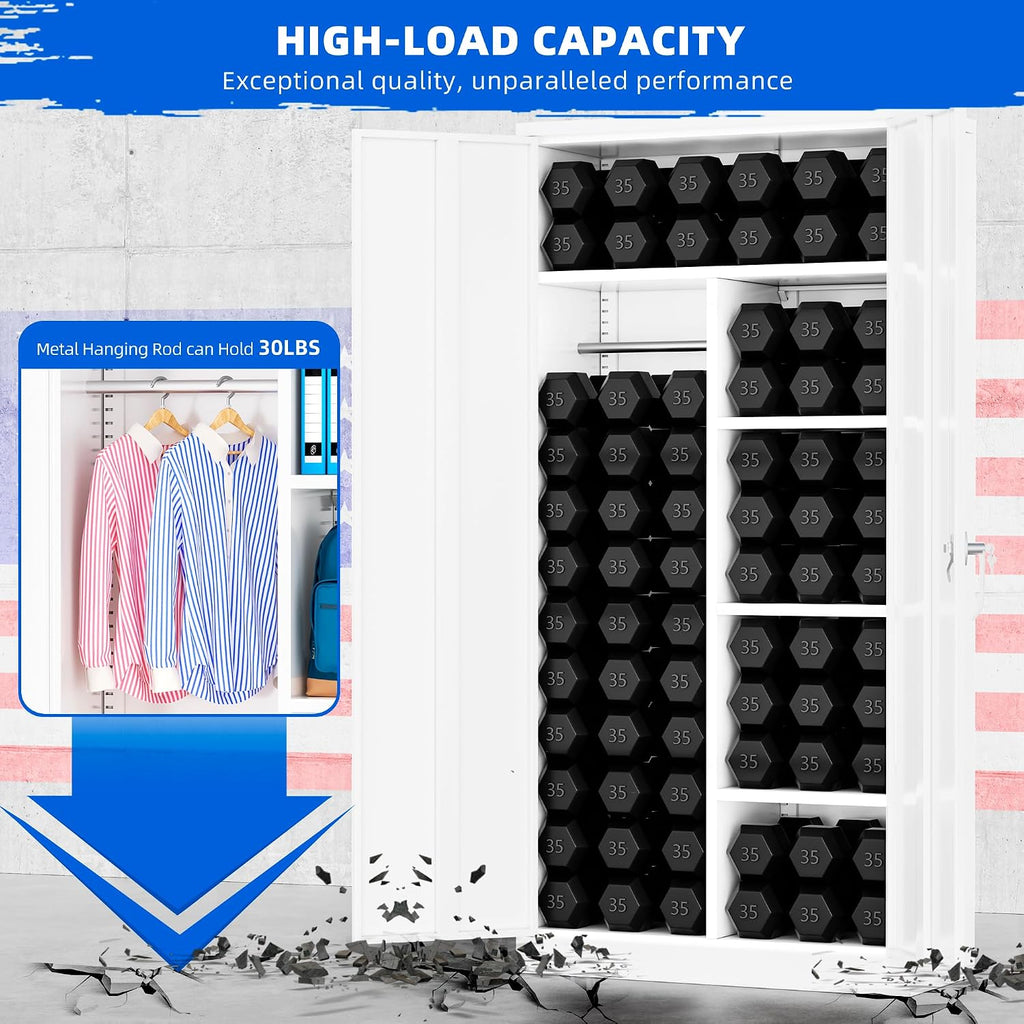 Pataku 72' Metal Wardrobe Storage Cabinet Armoire, Locking Cabinet Locker with Hanging Rod, Steel Garage Storage Closet with 4 Adjustable Shelves for Office, Home, Employee, Broom(White)
