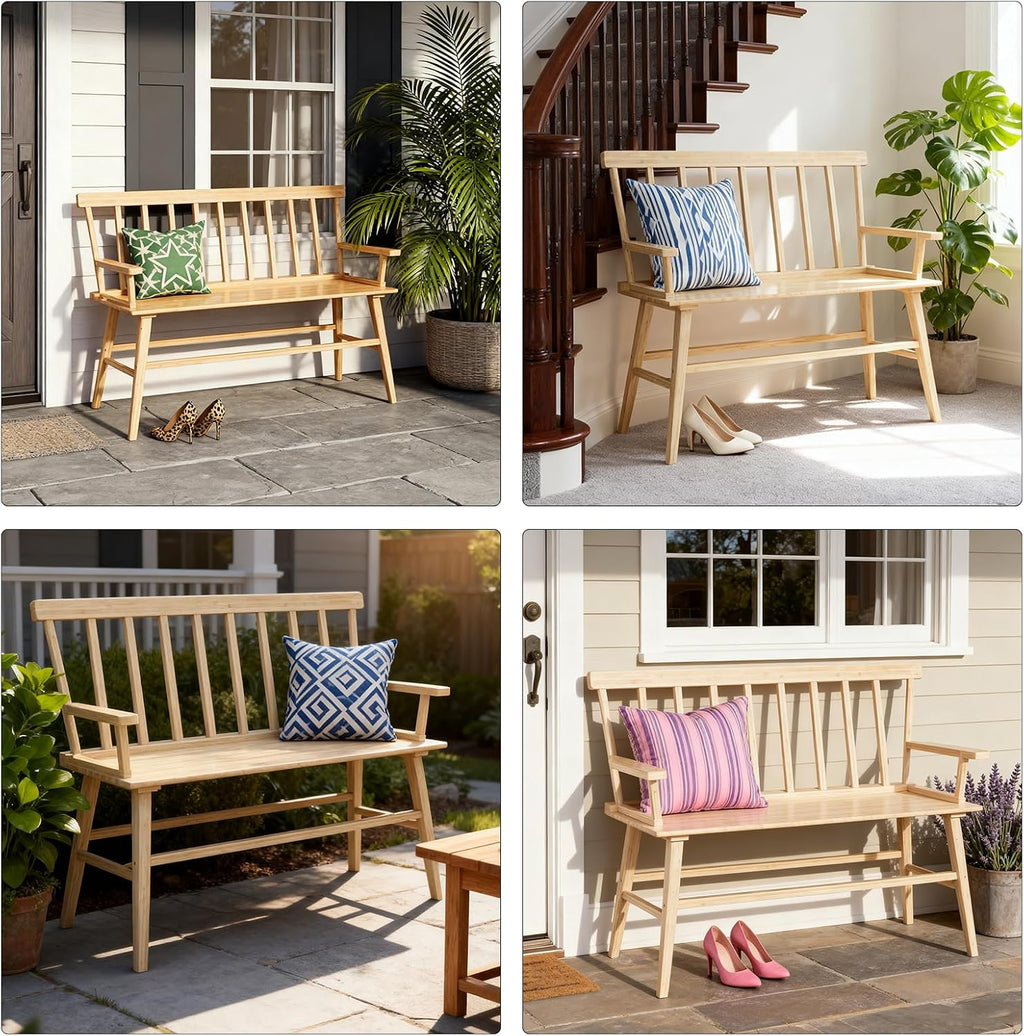Dining Bench for Kitchen & Dining Room – Bamboo Wood Bench with Spindle Back & Armrests, Farmhouse Entryway Bench, Indoor Bedroom Bench, Versatile Entry Bench & Outdoor Bench Seating（Natural with Arm）