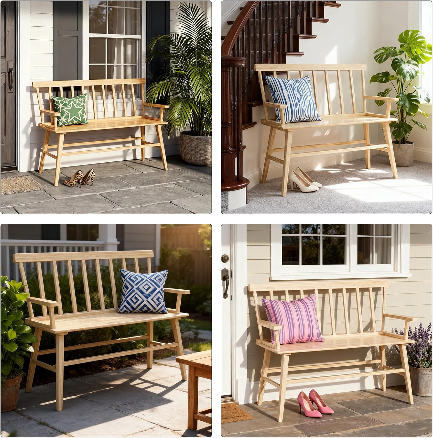 Dining Bench for Kitchen & Dining Room – Bamboo Wood Bench with Spindle Back & Armrests, Farmhouse Entryway Bench, Indoor Bedroom Bench, Versatile Entry Bench & Outdoor Bench Seating（Natural with Arm）