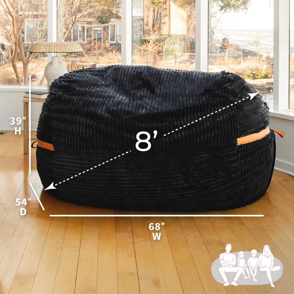 Big Joe Fuf 8Ft Giant Foam Bean Bag Chair, Oversized Couch with Removable Cover for Kids, Teens, Adults, Black Licorice Corded Plush, 8 Foot
