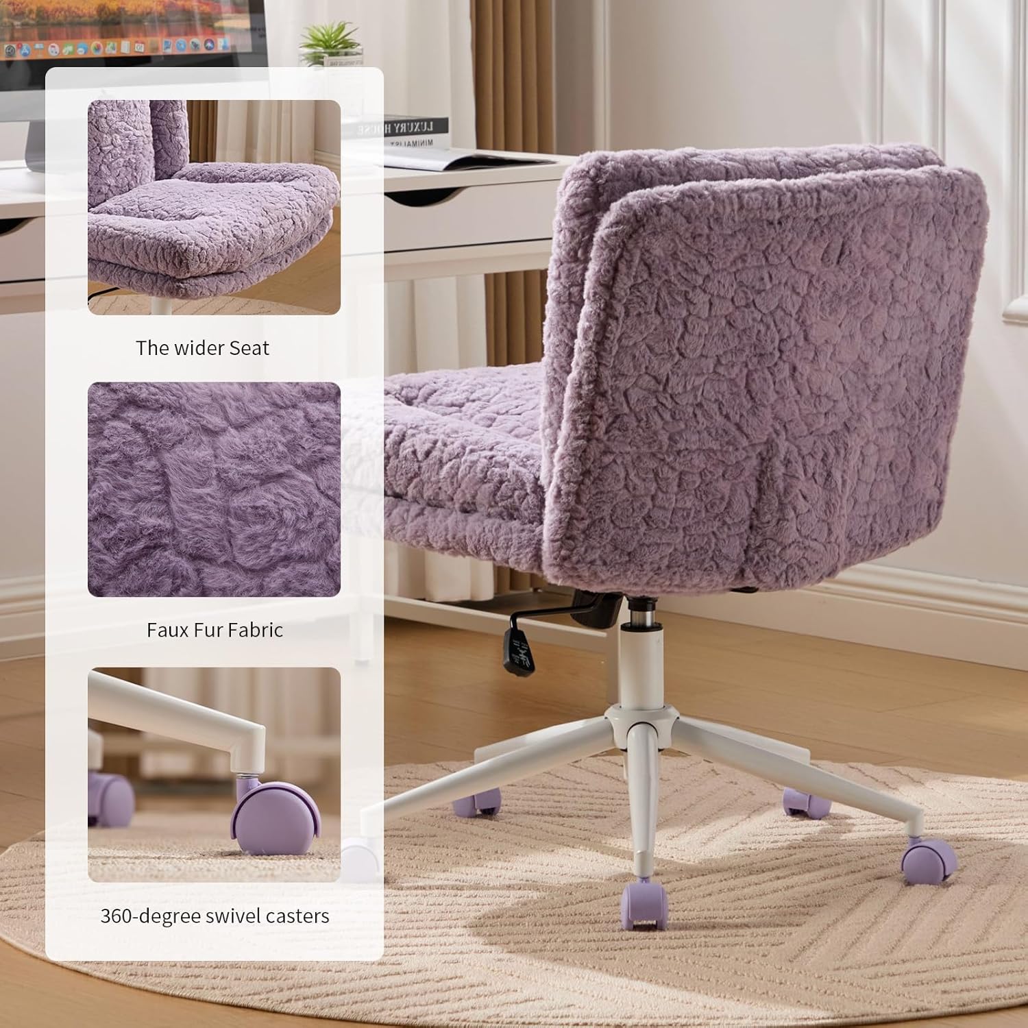 Shenyon Criss Cross Chair with Wheels, Wide Cross Legged Office Chair with 2 Layer Cushions & Back, Adjustable Swivel Home Office Chair, Comfy Faux Fur Makeup Vanity Chair for Girls Women, Violet