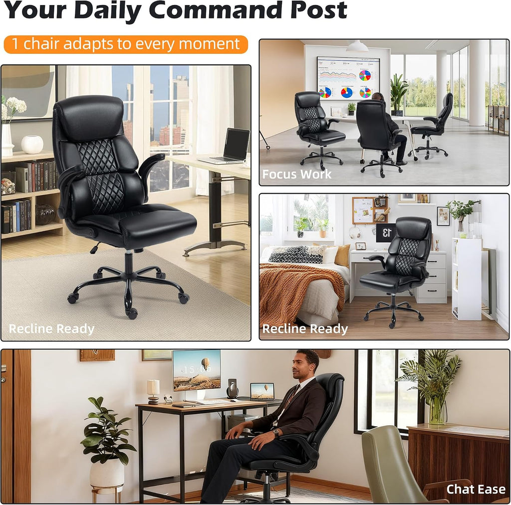 Office Chair - Ergonomic High Back Computer Desk Chair with Rocking Function & Lumbar Support - Executive Comfortable Wide Swivel Rolling Office Leather Chair with Flip-up Armrests for Home Gaming