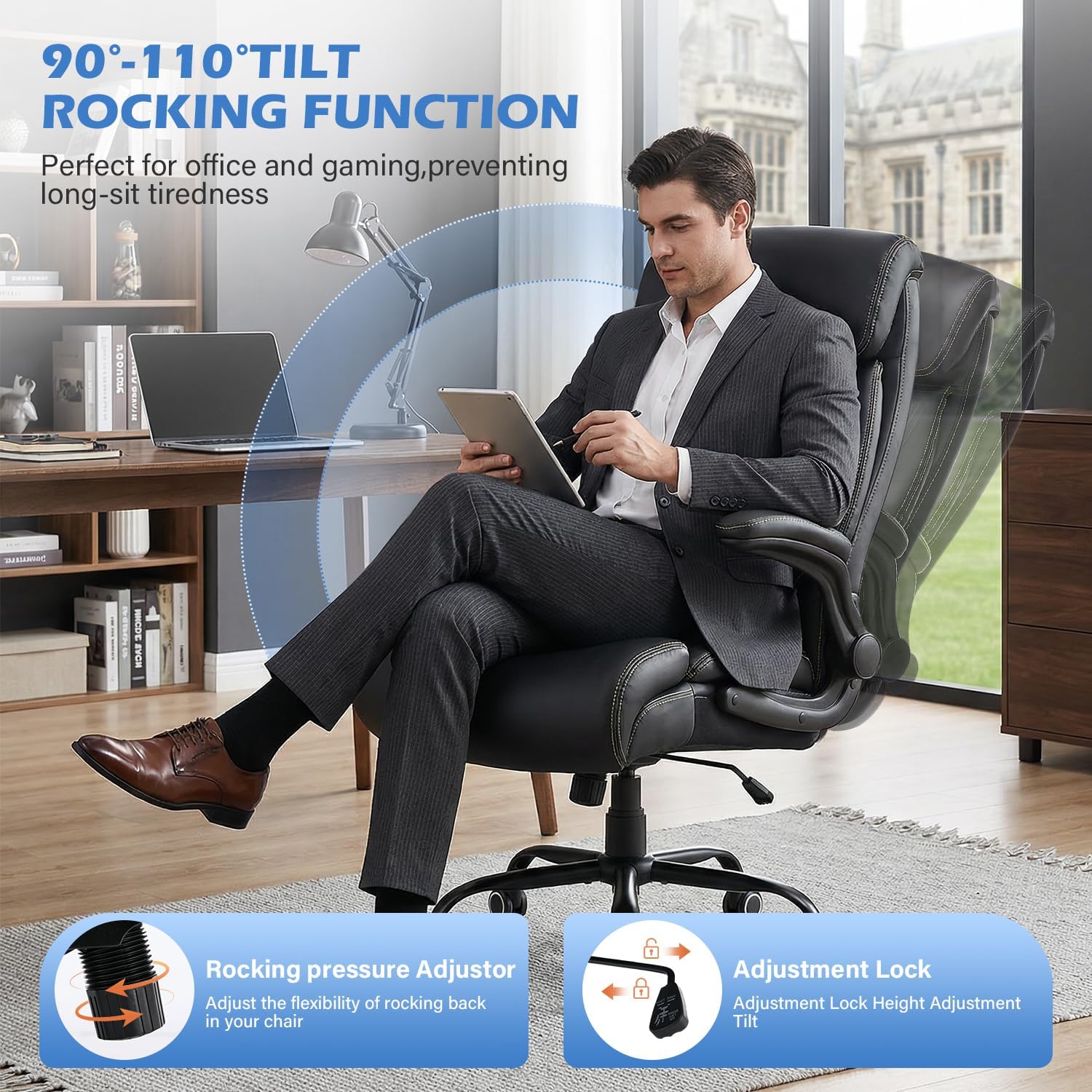 BOSMILLER Big and Tall Office Chair 500lbs for Heavy People with Adjustment Lumbar Support Heavy Duty Leather Executive Office Chair with Quiet Wheels