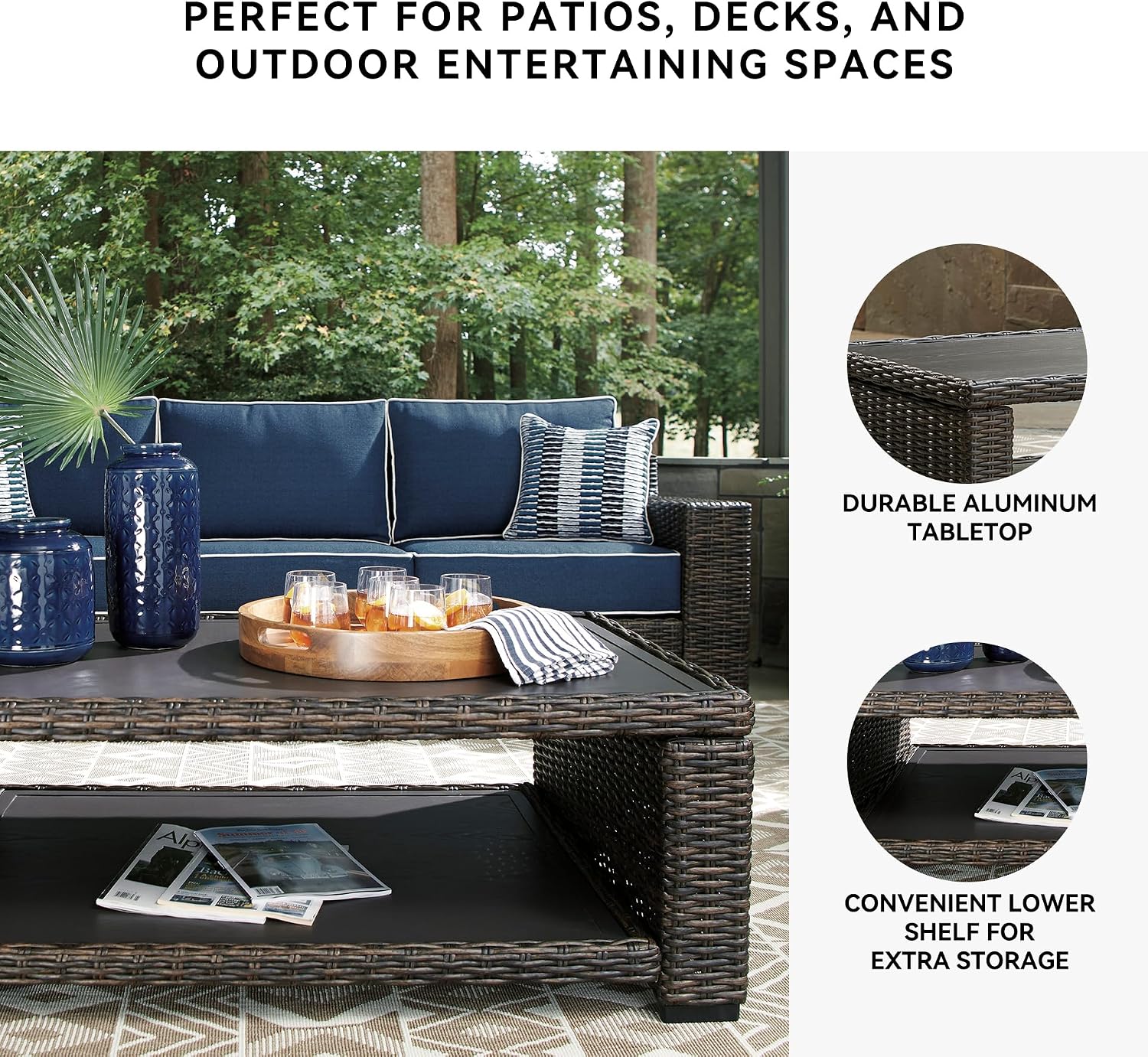 Signature Design by Ashley Grasson Lane Outdoor Wicker Cocktail Table with Aluminum Frame, Brown