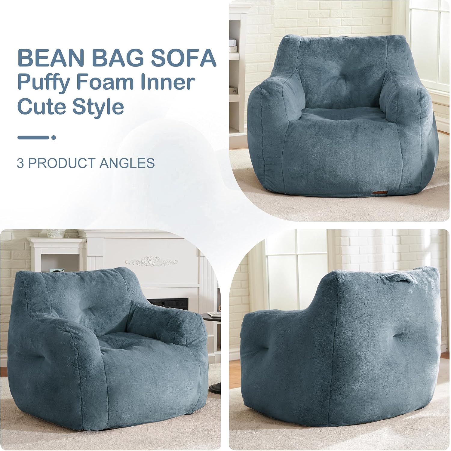 Hobestluk Bean Bag Chair for Adult Small Bean Bag Chairs with Arms Furry Beanbag Chair with Foam Filler Stuffed Bean Bag Sofa for Reading in Bedroom Living Room and Dorms (Blue Grey)