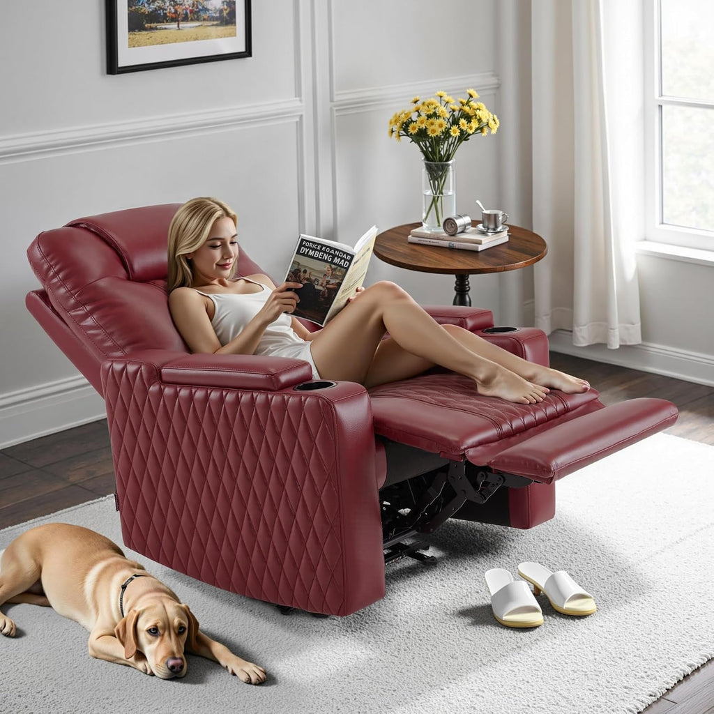 MCombo Oversized Power Recliner Chair with Adjustable Headrest & LED Light for Adults, Zero Gravity Recliner with USB & Type C Ports, Cup Holders for Living Room & Home Theater, Faux Leather HTS401