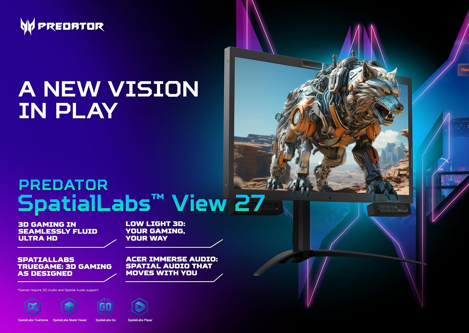 acer Predator SpatialLabs View 27 PSV27-2 27' Ultra HD Stereoscopic 3D Gaming Display | Eye Tracking | Real-Time Rendering | AI Technologies I AMD FreeSync Premium (G-SYNC Compatible) | 160Hz