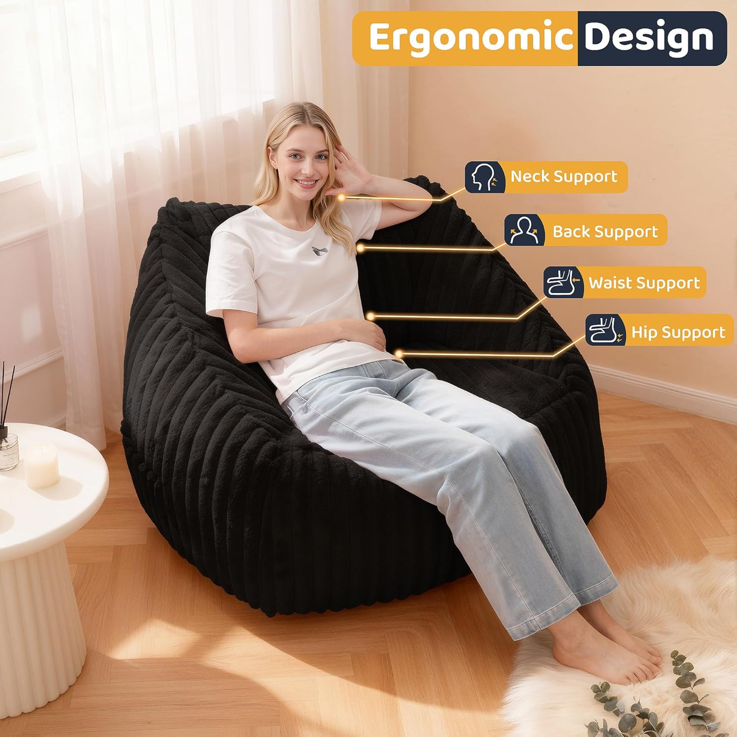 HABUTWAY Bean Bag Chair, Giant Bean Bag Chairs for Adults and Kids, Bean Bag Sofa, Lazy Floor Sofa, Faux Fur Beanbag Chair with Armrests for Living Room Bedroom (Black)