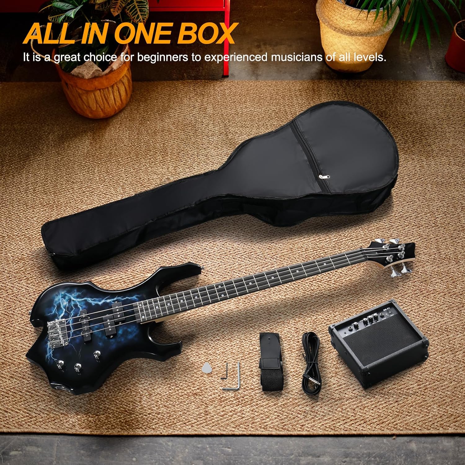 Ktaxon Electric Bass Guitar Full Size Flame Design Bass Set with 20 Watt Amplifier, Portable Bass Bag, Superior Amp Wire, Adjustable Guitar Strap, Plectrum, Wrench Tool(Lightning)