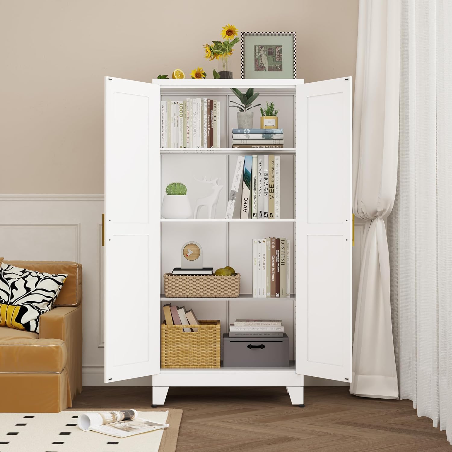pozdeg Metal Storage Cabinet - 61' Tall Steel File Cabinets with 2 Doors and 3 Adjustable Shelves Versatile Storage Pantry Cabinet for Home Office Warehouse Garage or Outdoor (White)
