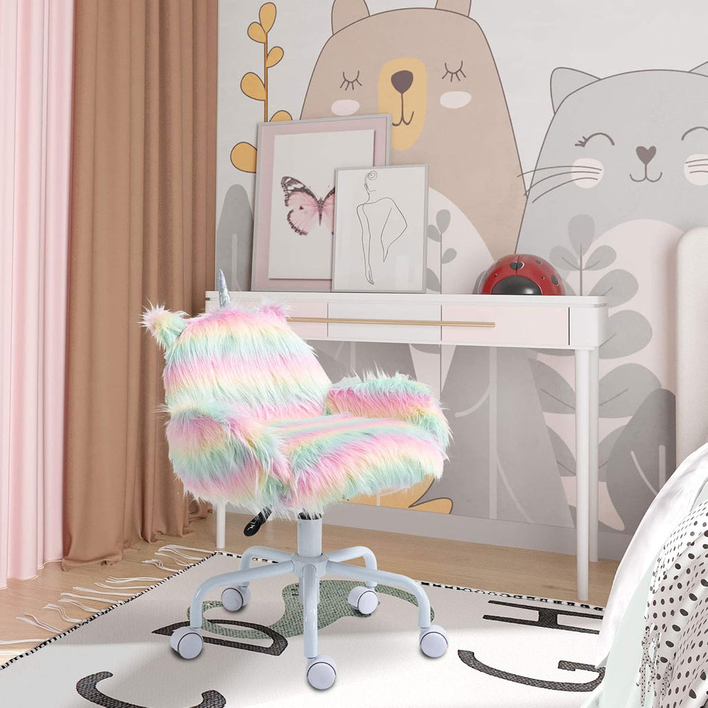 HOMCOM Fluffy Unicorn Office Chair with Mid-Back and Armrest Support, 5 Star Swivel Wheel White Base, Rainbow