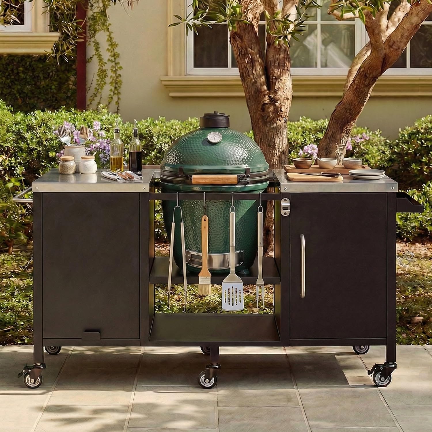Merax 72.4' Large Grill Table for Large Big Green Egg, Metal Outdoor Grill Cart with Fold-Out Prep Table, Adjustable Shelves, Spice Rack, Outdoor Kitchen Island for Big Green Egg, Kamado Joe Classic