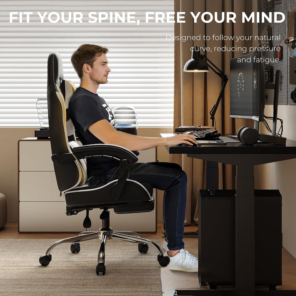 Gaming Chair with Footrest & Massage Lumbar, Ergonomic Computer Chair 330lbs with Headrest Pillow for Office, Home, Streaming and Long Gaming Sessions, White