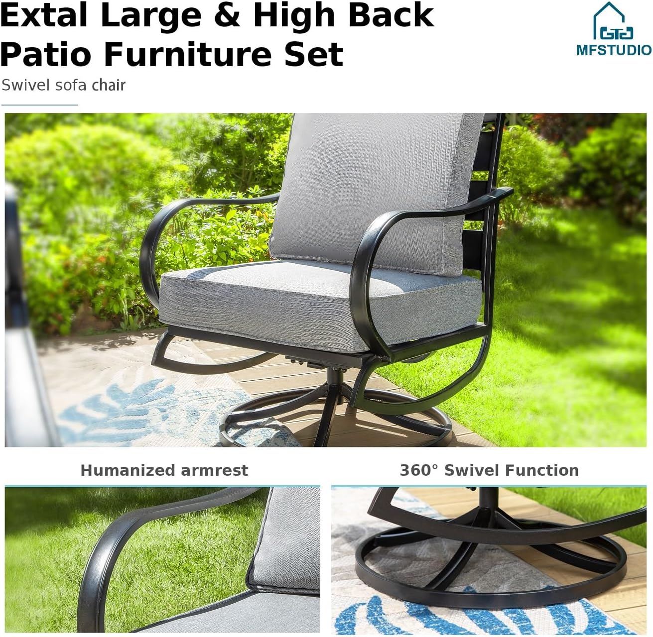 MFSTUDIO 4 Pieces Patio Conversation Sets, All Weather Metal Frame Outdoor Furniture Set Patio Sofas with 1 x 45 Rectangular Propane Fire Table, 1 x 3-Seat Sofa, 2 x Swivel Chairs, Grey Cushion