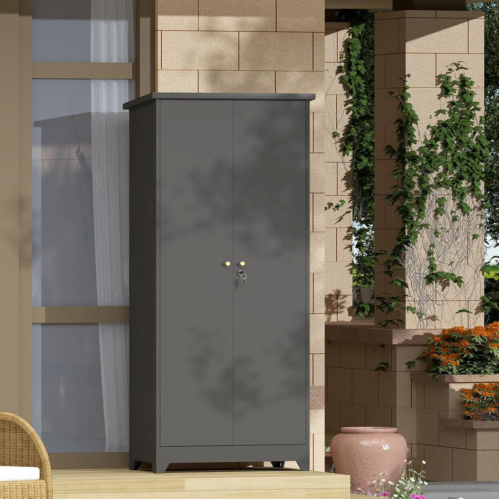 GREATMEET 72.8' Outdoor Broom Storage Cabinet, Metal Storage Cabinets for Cleaning Supplies with Slanted Roof, Utility Closet, Waterproof Outdoor Shed for Broom Mop, Grey