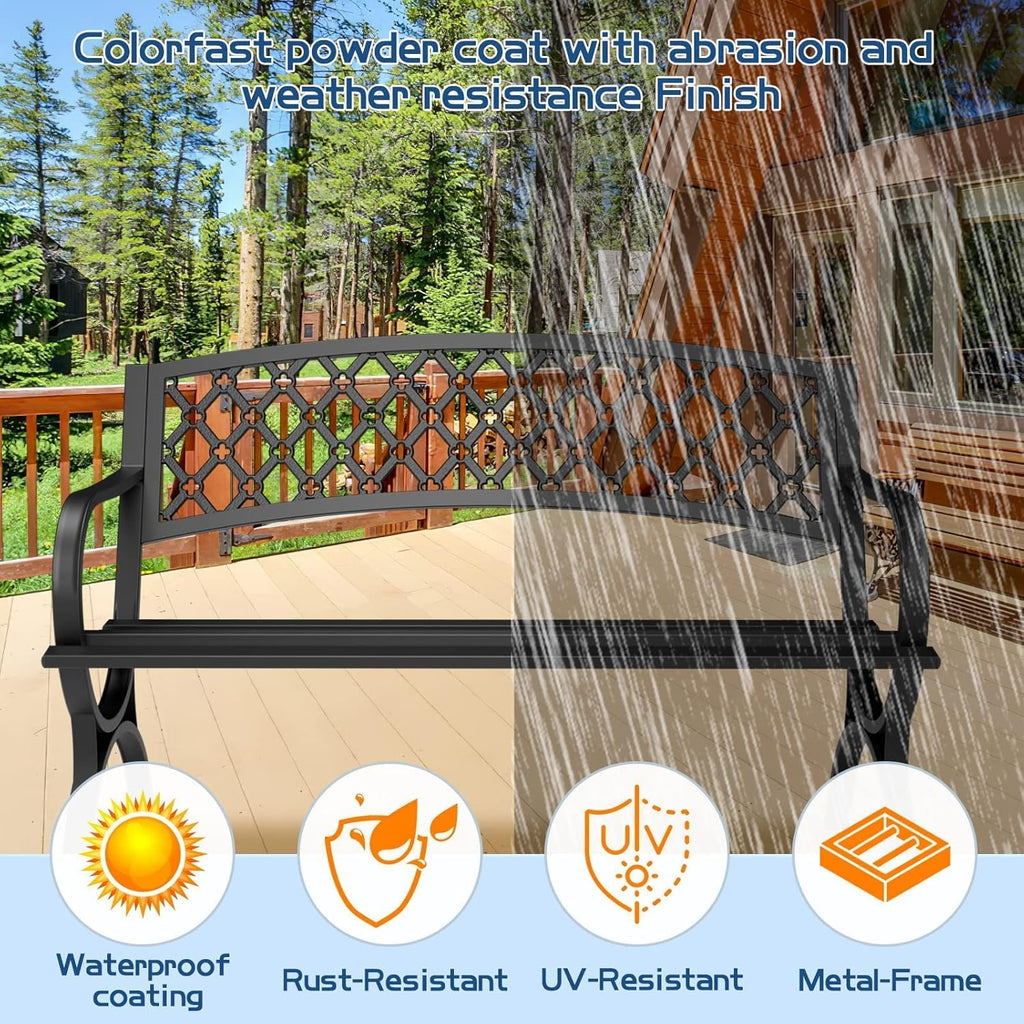 Outdoor Bench Garden Benchs, Weatherproof Anti-Rust Heavy-Duty Outside Bench Clearance, Wrought Iron Metal Bench for Front Porch, Patio, Park, Ergonomic Backrest, Slatted Seat
