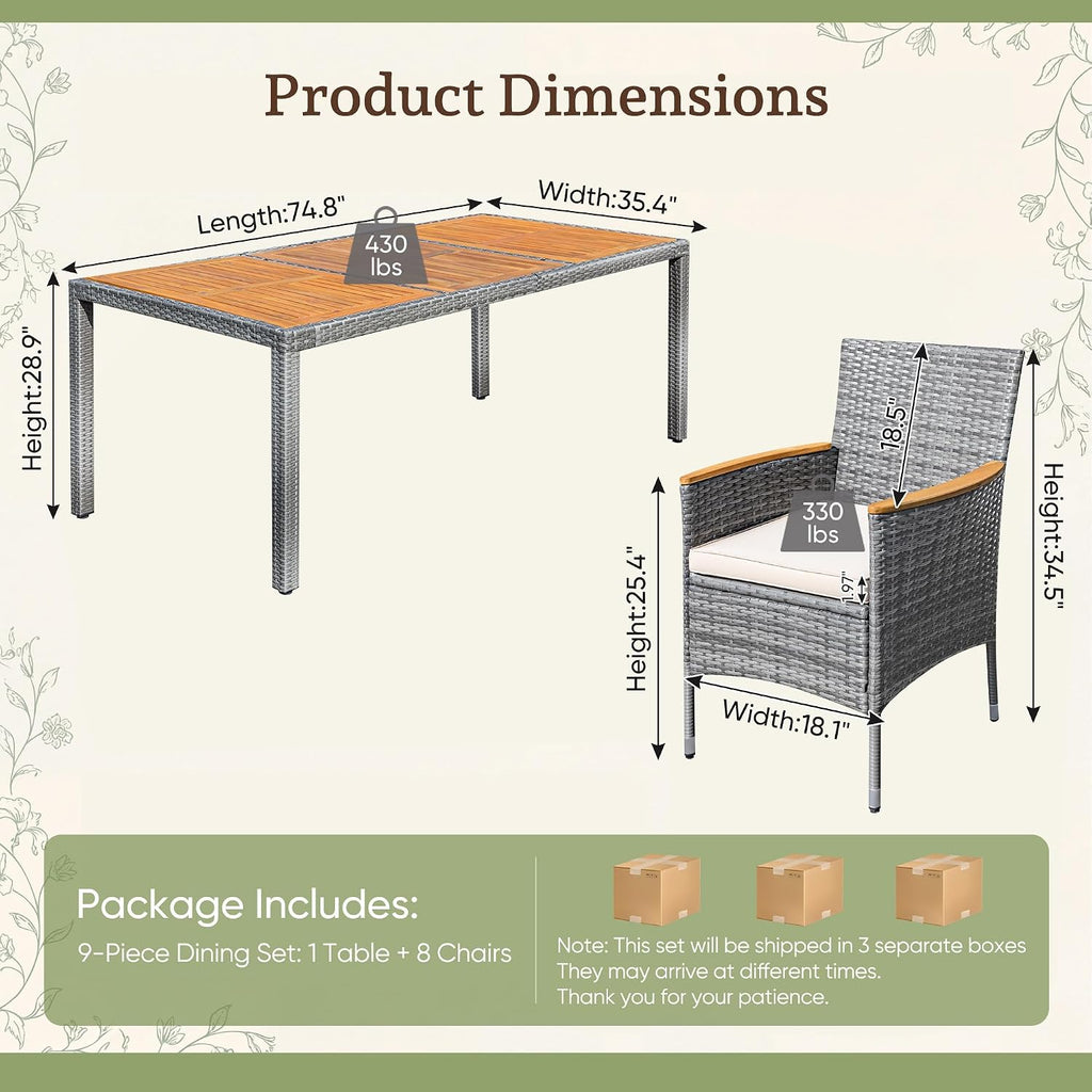 Greesum 9 Pieces Outdoor Patio Dining Set, Conversation Sets with 1 Table and 8 Rattan Chairs with Curved Acacia Wooden Armrests and Cushions, Grey
