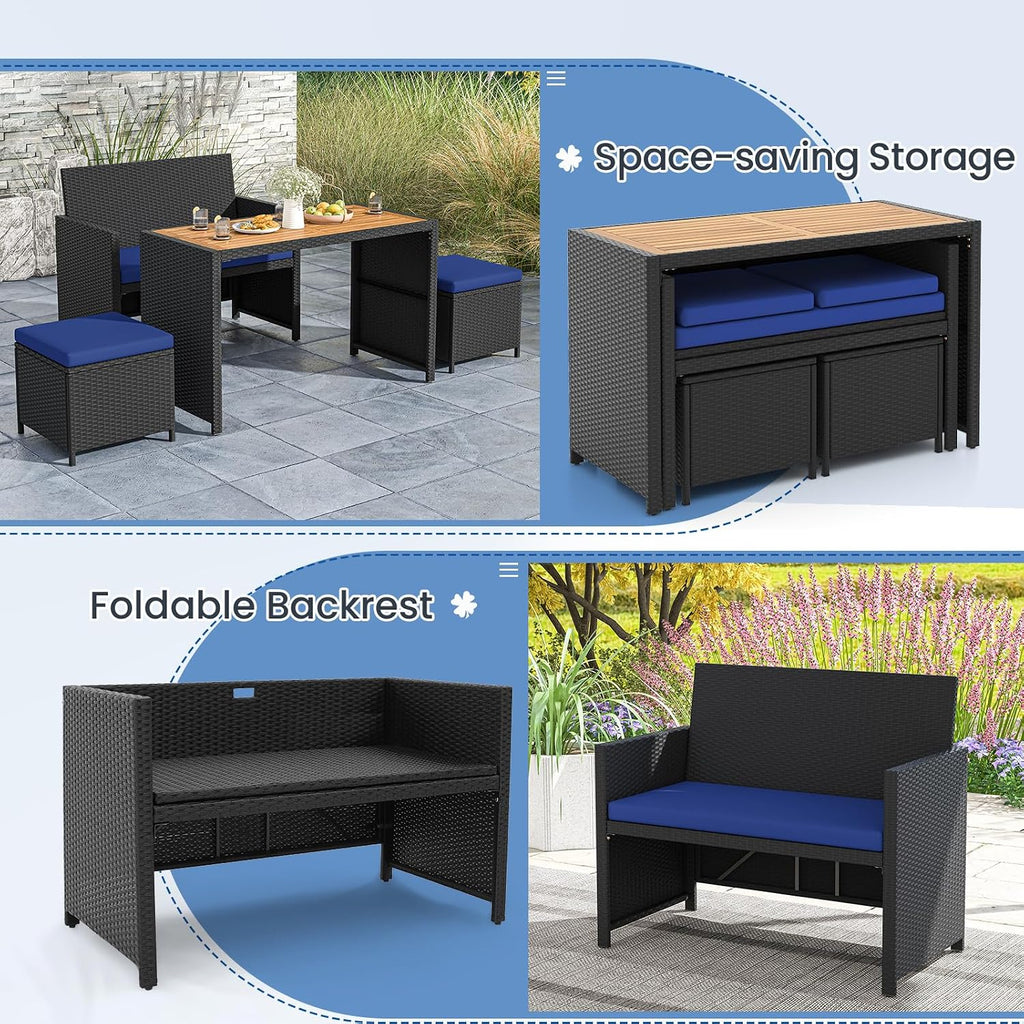 Tangkula 4 Pieces Patio Dining Set, Space Saving PE Rattan Loveseat with Acacia Wood Top Dining Table, Storage Ottomans & Soft Cushions, Outdoor Sectional Conversation Set (Navy Blue)