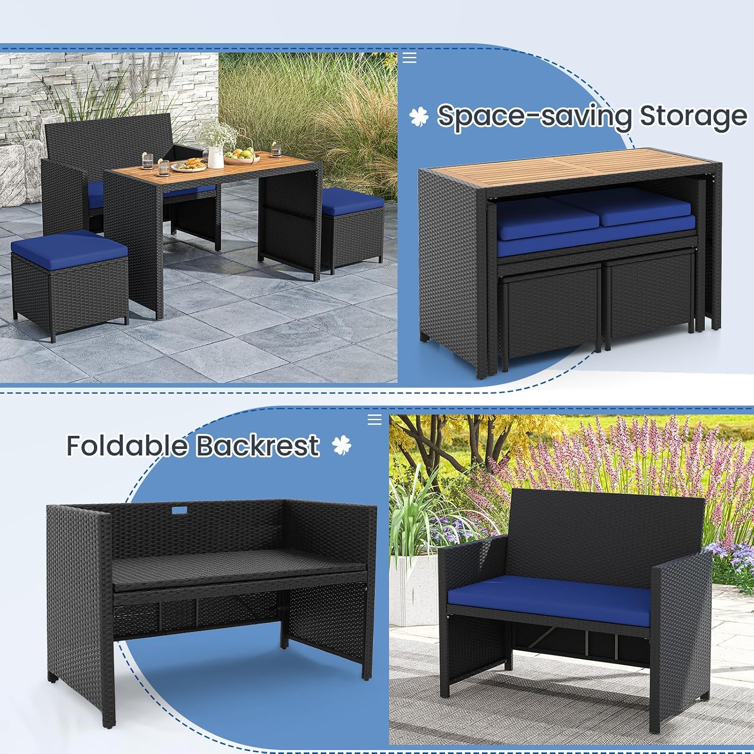 Tangkula 4 Pieces Patio Dining Set, Space Saving PE Rattan Loveseat with Acacia Wood Top Dining Table, Storage Ottomans & Soft Cushions, Outdoor Sectional Conversation Set (Navy Blue)