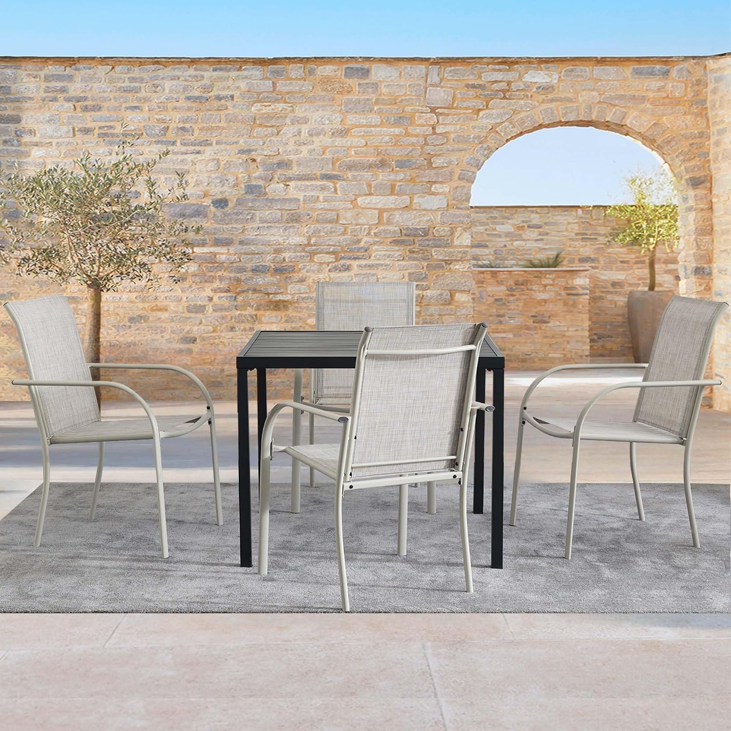 5 Pieces Patio Dining Set for 4, Grey Patio Stackable Chairs and Black Square Table Set of 4, Outdoor Furniture Set with Sling Support for Outside, Garden