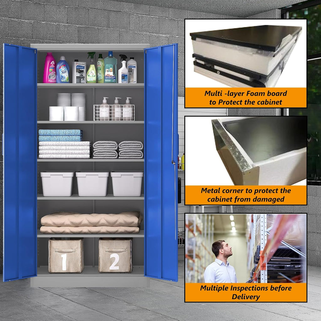 STANI Metal Garage Storage Cabinet with Lock, 71' Steel Lockable File Cabinet, Locking Steel Storage Cabinet with 5 Adjustable Shelves for Home, Office, Garage, Warehouse (Blue Grey, 2 Door - 71' H)