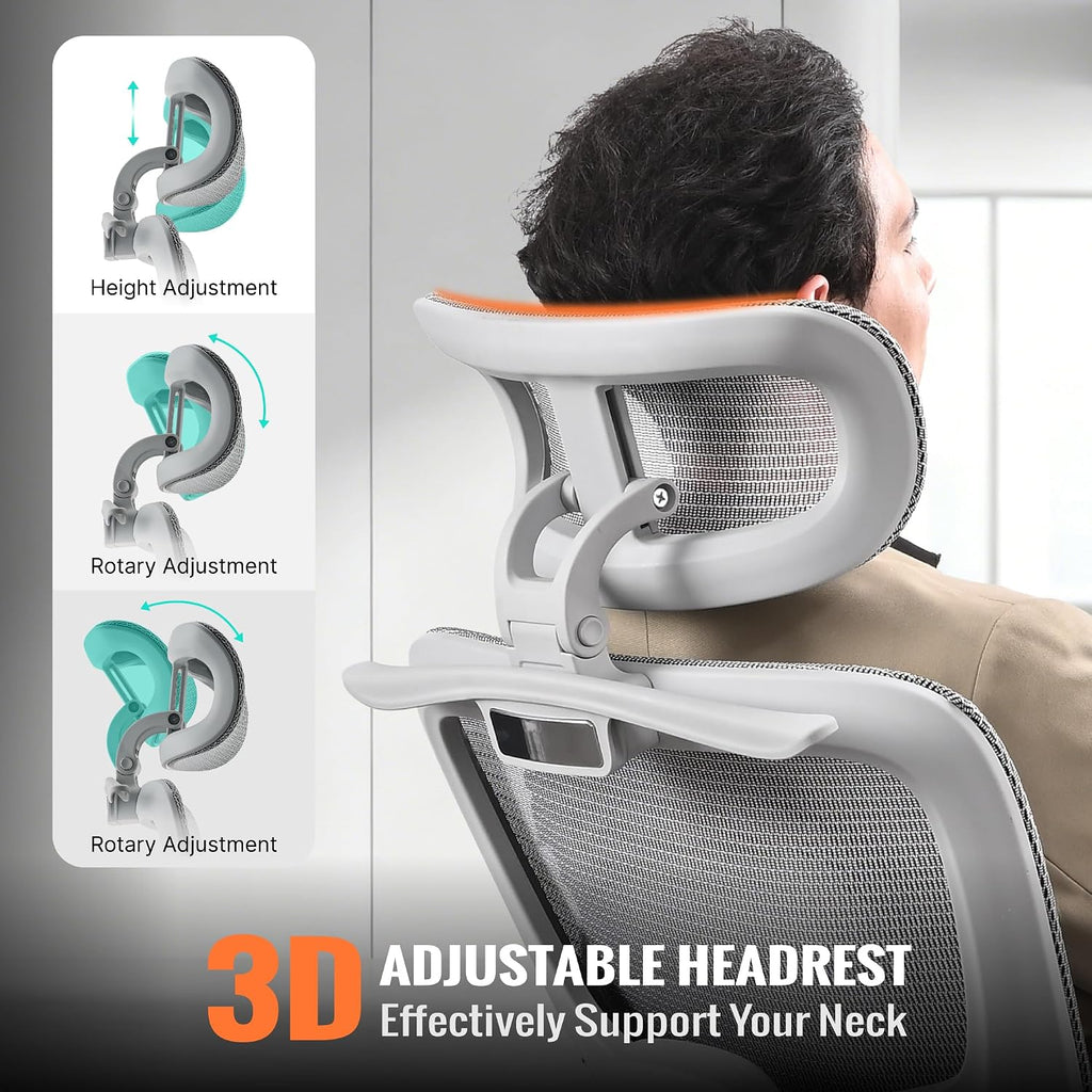 Ergonomic Office Chair, Home Mesh Desk Computer Chair, Comfortable Gaming Chair with Footrest, Wheels, Adjustable 2D Headrest, Lumbar Support, High Back and 3D Armrest, Grey