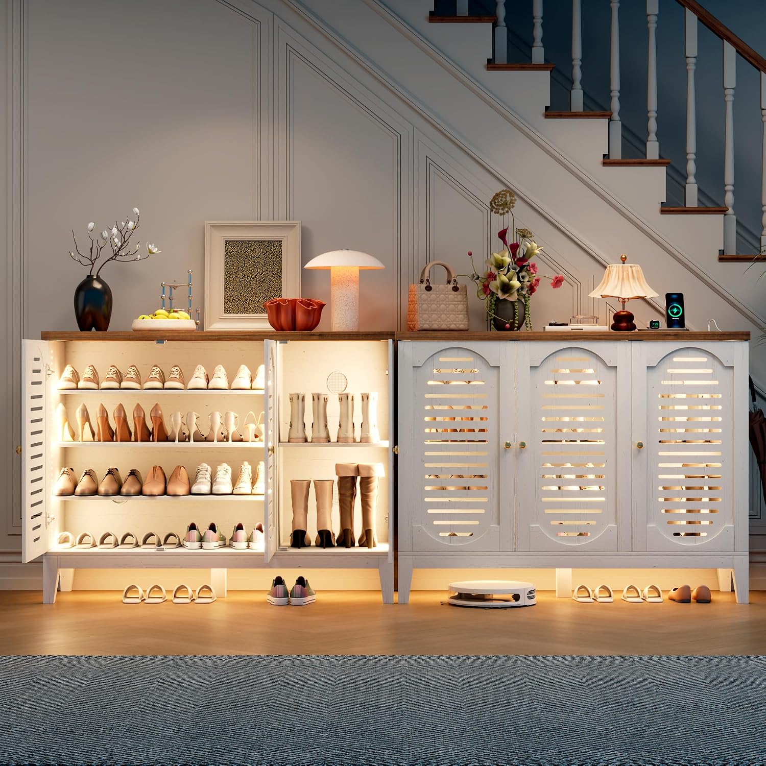 Vlsrka Shoe Cabinet with 3 Doors, Narrow Wooden Shoe Cabinet, Hidden Shoe Storage for Entryway, Foyer, Hallway (White C)