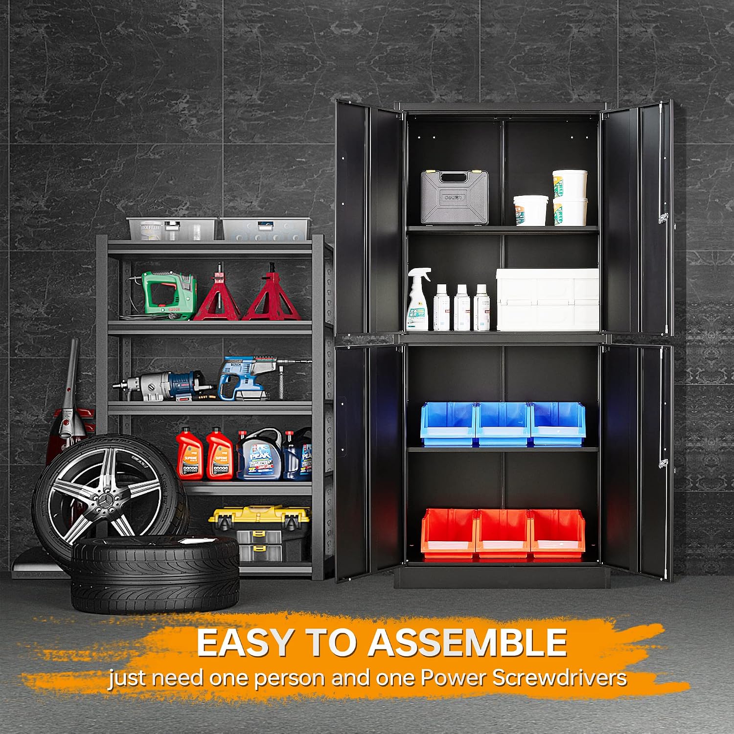 STANI Metal Storage Cabinet, Locking Steel Cabinet with 4 Doors and 2 Adjustable Shelves, 71' Tall Steel Cabinet for Home Office, Garage, School (Black)