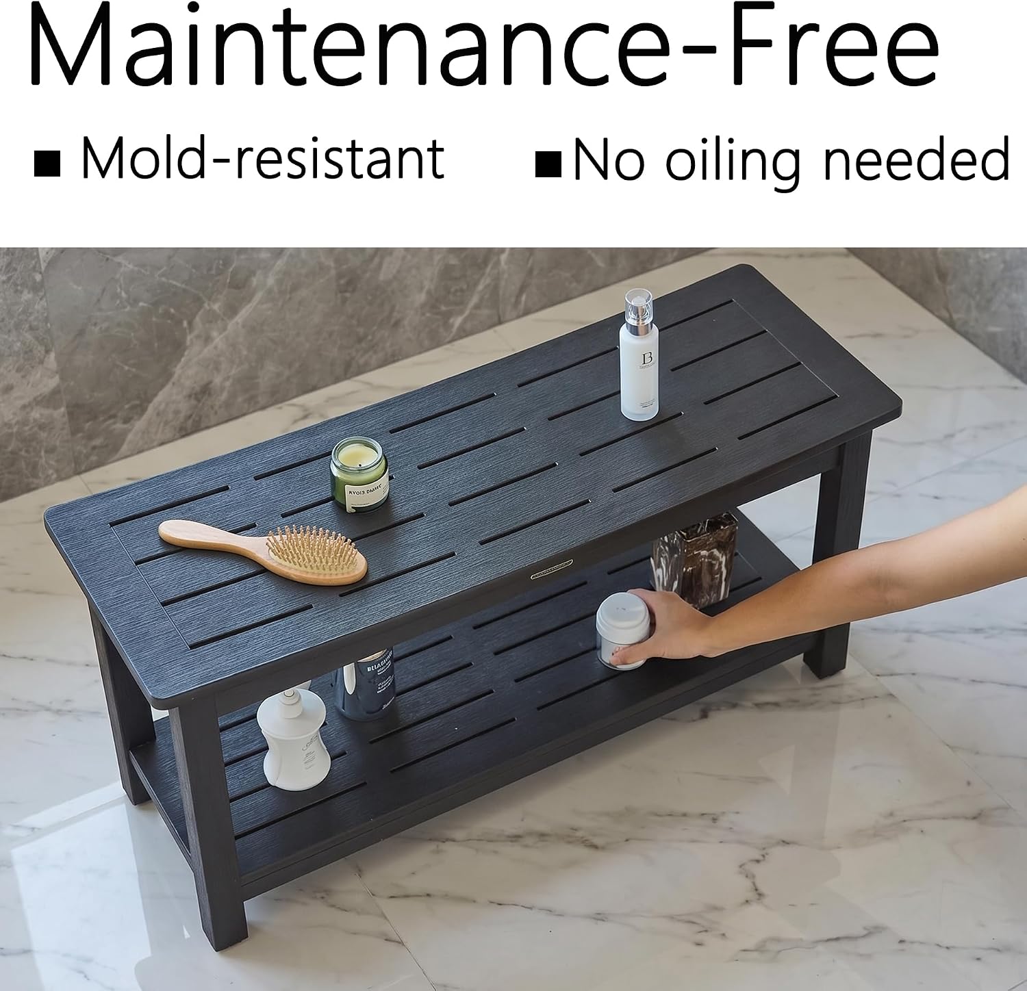 KaimuBench 36'' HDPS Waterproof Shower Bench Seat, Poly Lumber Shower Stool for Shaving Legs, Plastic Bath Chair Seat with Adjustable Feet, Non-Slip & No Maintenance, Black (36 x 13 Inches)