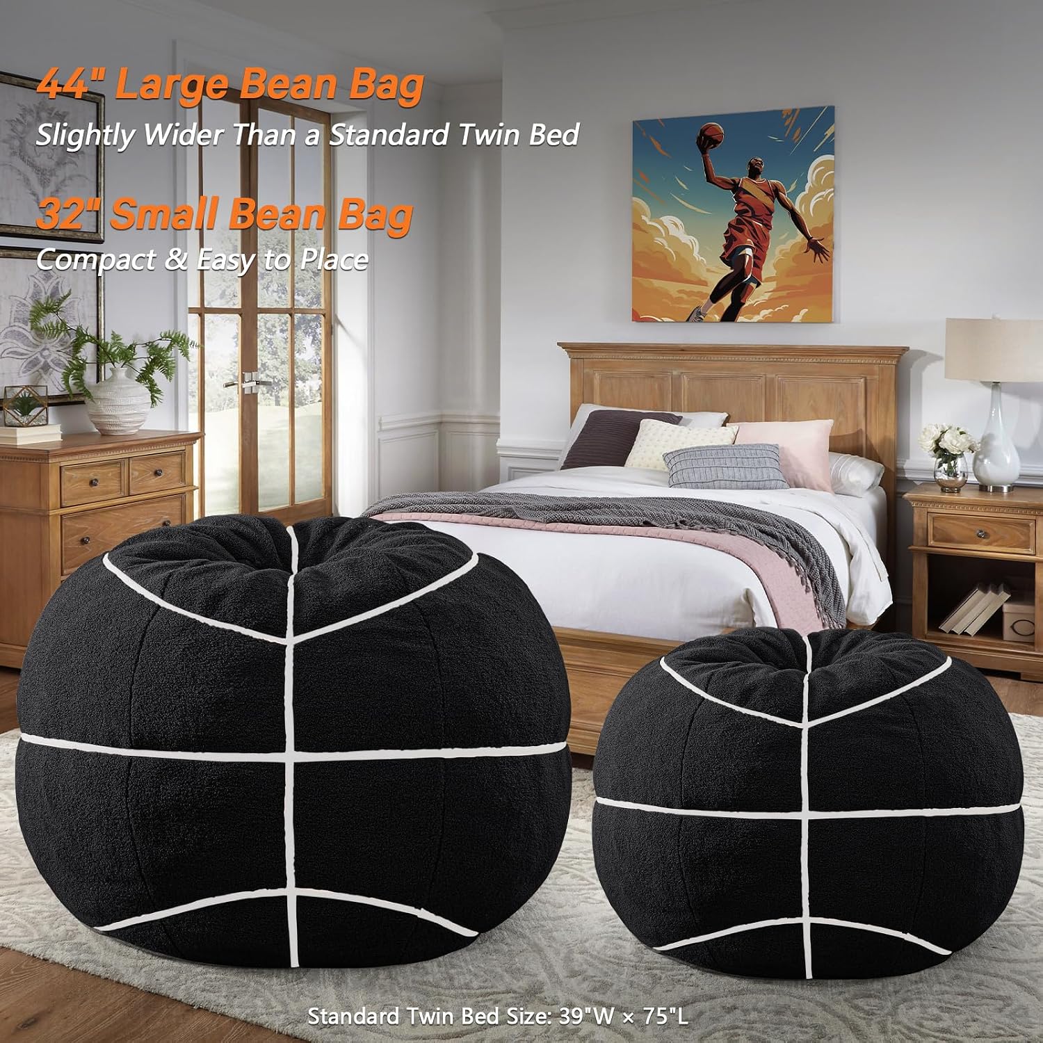 Sports Black Basketball Bean Bag Chair - Giant Bean Bag Chairs for Adults and Kids - Oversized Bean Bag Sofa Couch with Filler - Plush BeanBag Furniture for Living Room Bedroom Dorm Office - 44 Inch