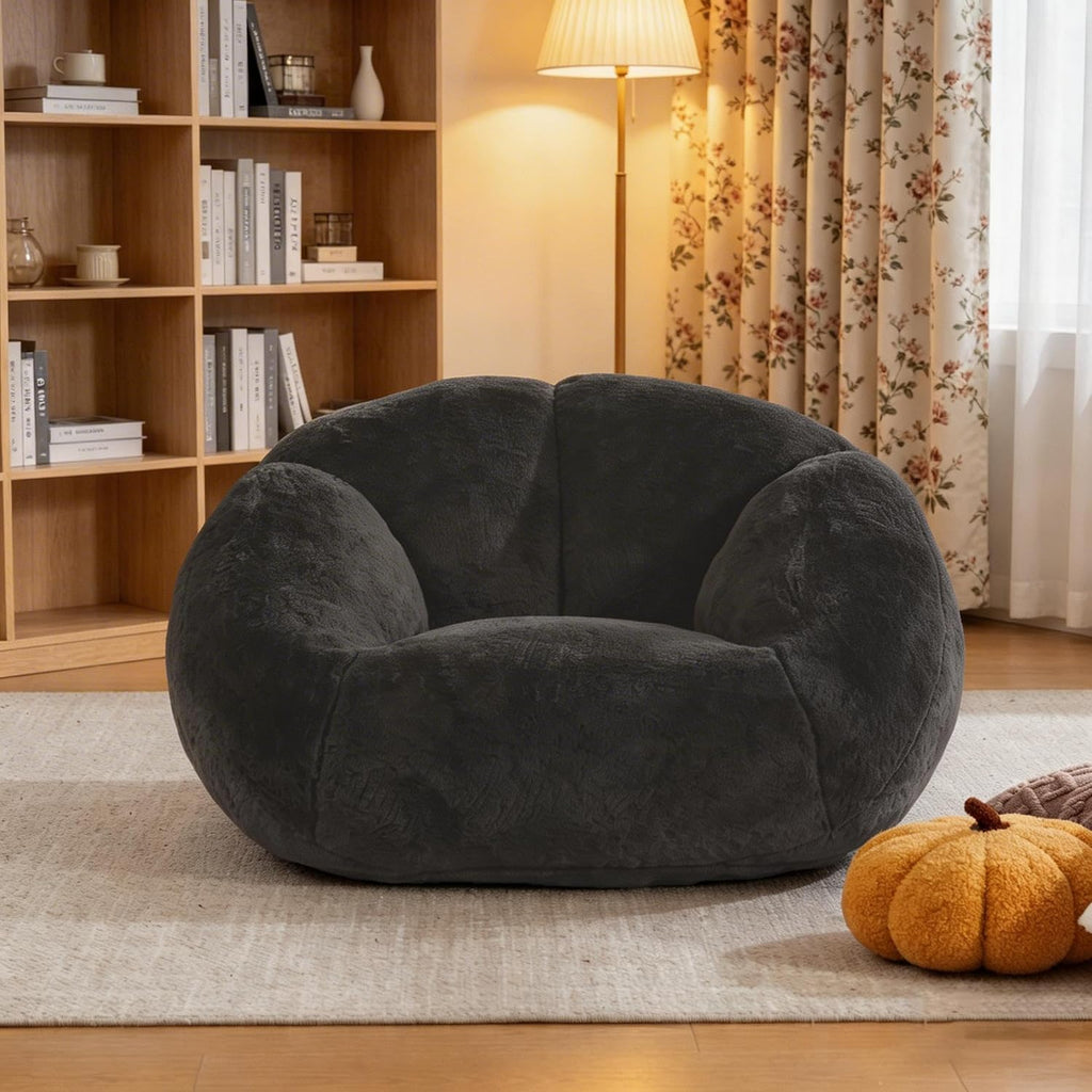 3.28 Feet Bean Bag Chair for Adults, Shell-Shaped Bean Bag Lazy Couch, Faux Fur Cloud Sofa Chair, Lounge Floor Sofa with Filler for Reading, Gaming & Watching, No Assembly Required (Black)