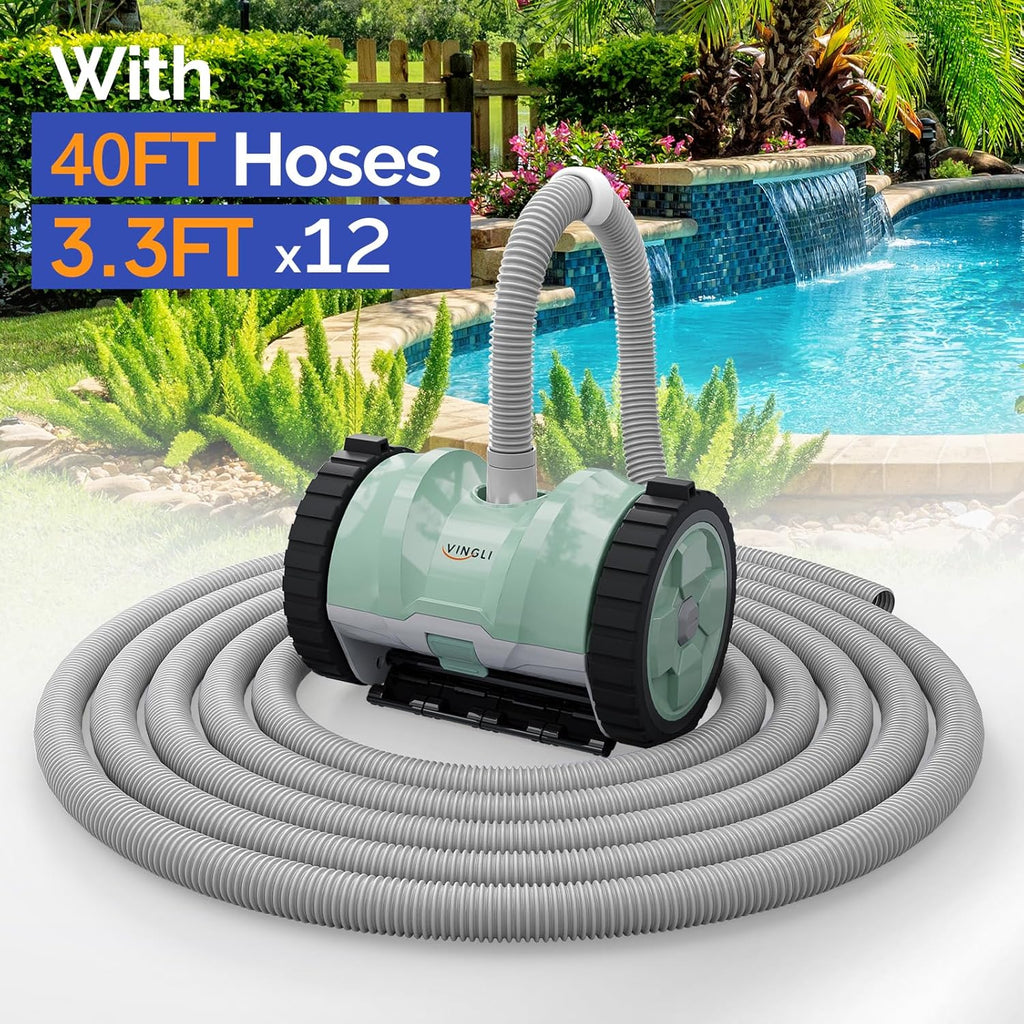 (2025 Upgrade) VINGLI Automatic Suction-Side Pool Vacuum Cleaner, Powerful Wall-Climbing Sweeper for Inground Pools, Includes 39.6ft Tangle-Free Hose (Green&Gray)