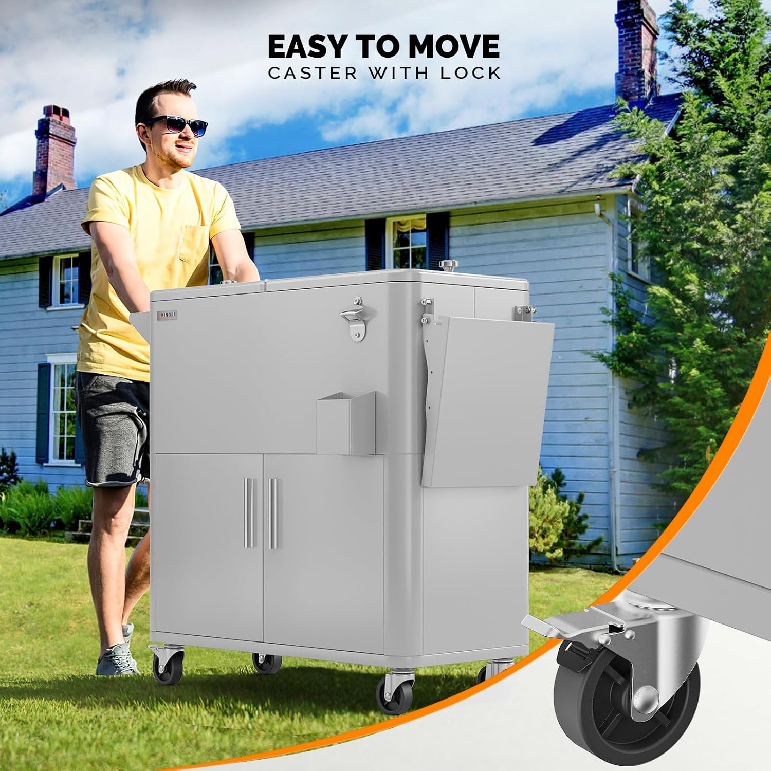VINGLI Patio Cooler, Ice Chest with Storage Cabinet, Bottle Opener Drainage, Outdoor Cooler for Party, Deck, Pool