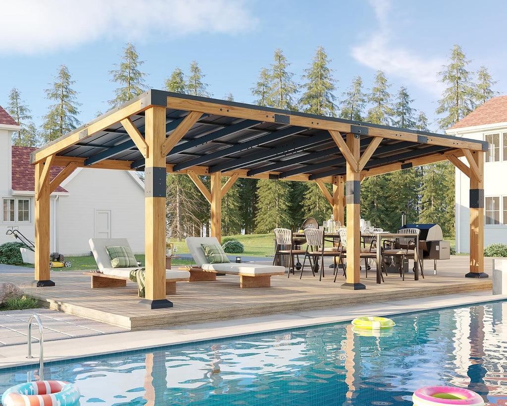 Jocisland 12' x 24' Cedar Wood Gazebo with Sloped Galvanized Steel Roof, Hardtop Gazebo Pavilion with Durable, Rot-Resistant Construction, Permanent Outdoor Pergola for Backyard, Garden & Deck