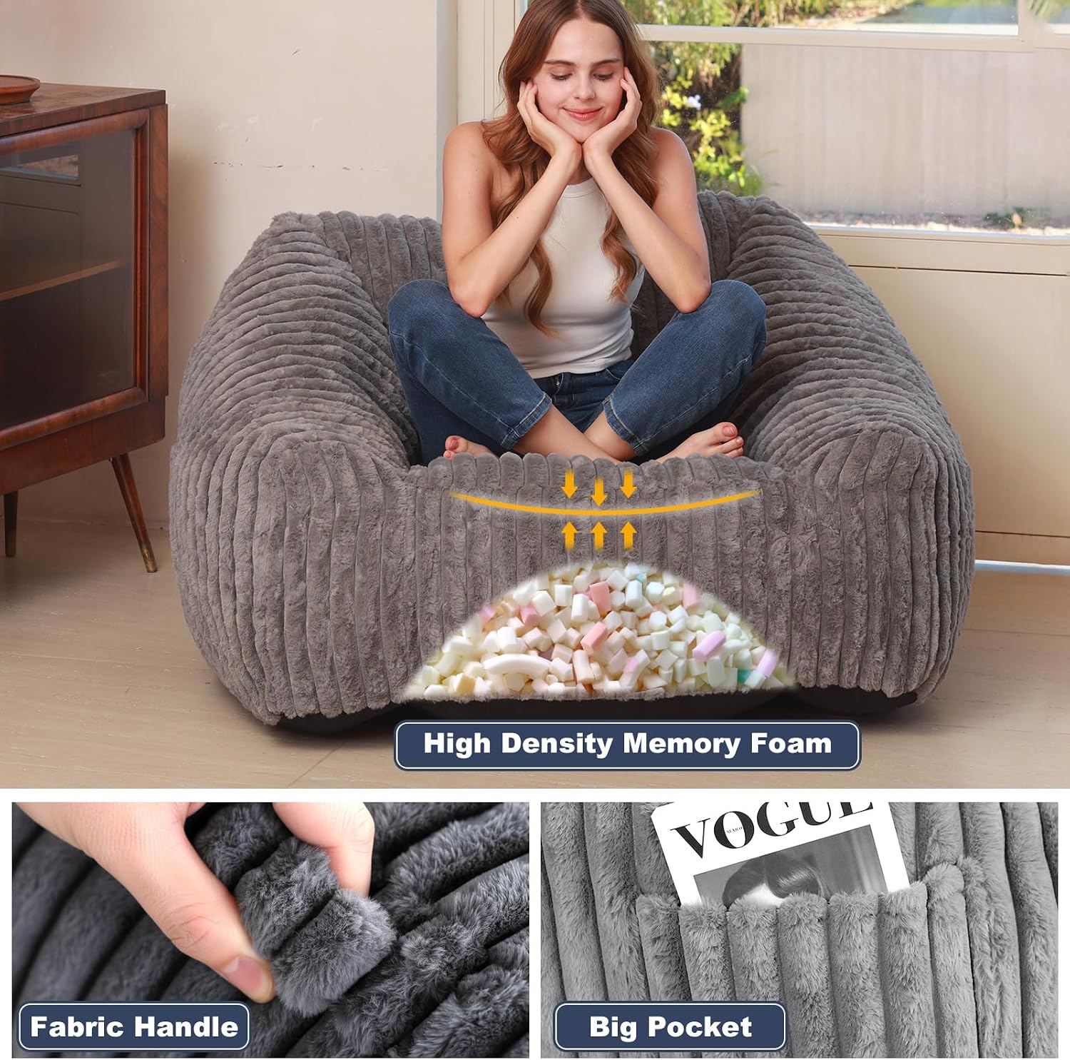 Bean Bag Chair with Memory Foam Filling- Large Stuffable Soft Giant Beanbag Reading Chair, Adults Lounge Gaming Lazy Sofa Bed for Living Room Bedroom- Grey, Stripe Fur