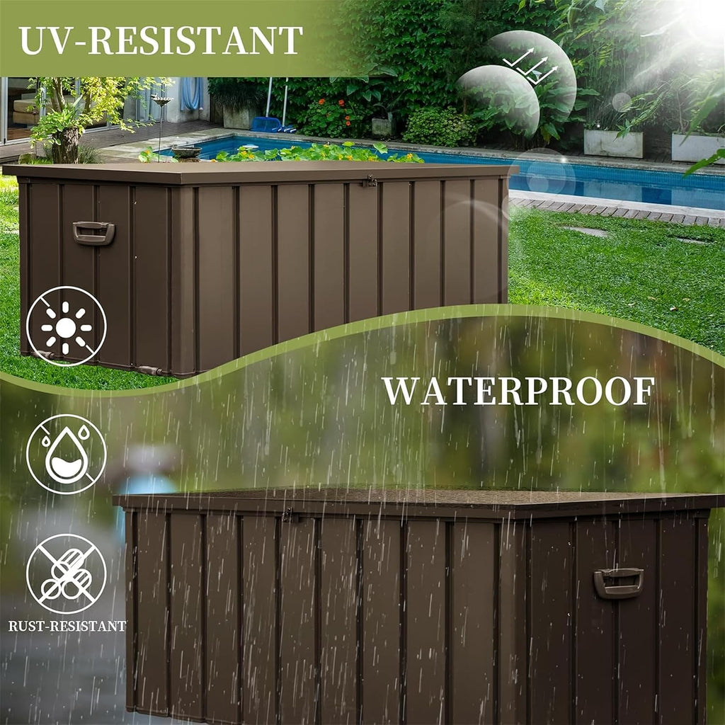 100 Gallon Metal Deck Box, Outdoor Storage Box Waterproof with Wheels, Lockable Storage Container for Patio Furniture Cushions Garden Tools, Dark Brown