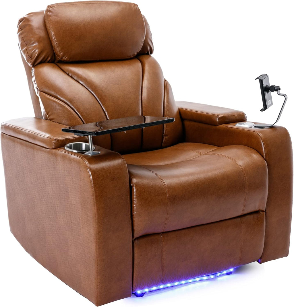 Merax Power Motion Recliner with USB Charging Port and Hidden Arm Storage, Home Theater Seating with Convenient Cup Holder Design,and Stereo(Light Brown)
