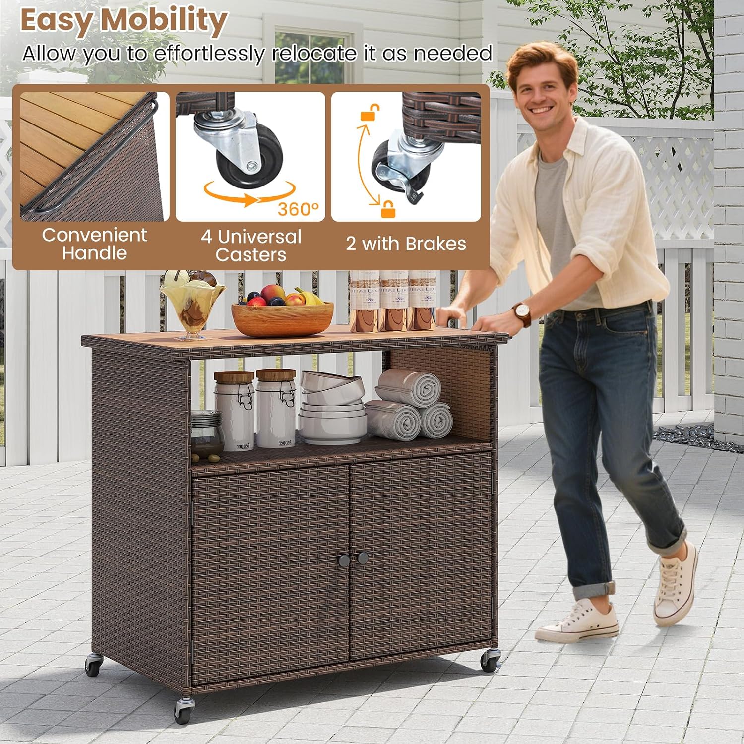 Tangkula Rattan Outdoor Storage Cabinet, Patiojoy PE Wicker Outdoor Cabinet with Acacia Wood Countertop, Open Compartment, Storage Shelf, Outdoor Bar with 4 Wheels for Garden Backyard Deck