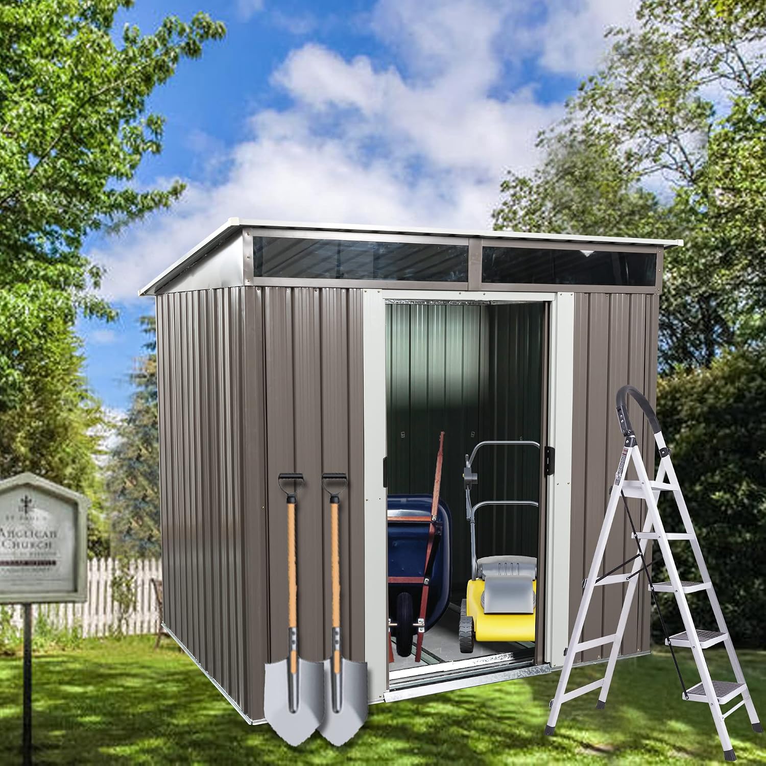 6ft X4.5ft Outdoor Storage Shed with Metal Foundation and Sliding Doors, Waterproof Tool Storage Shed for Patio Lawn Backyard (Gray- 6ft x 4.5ft)