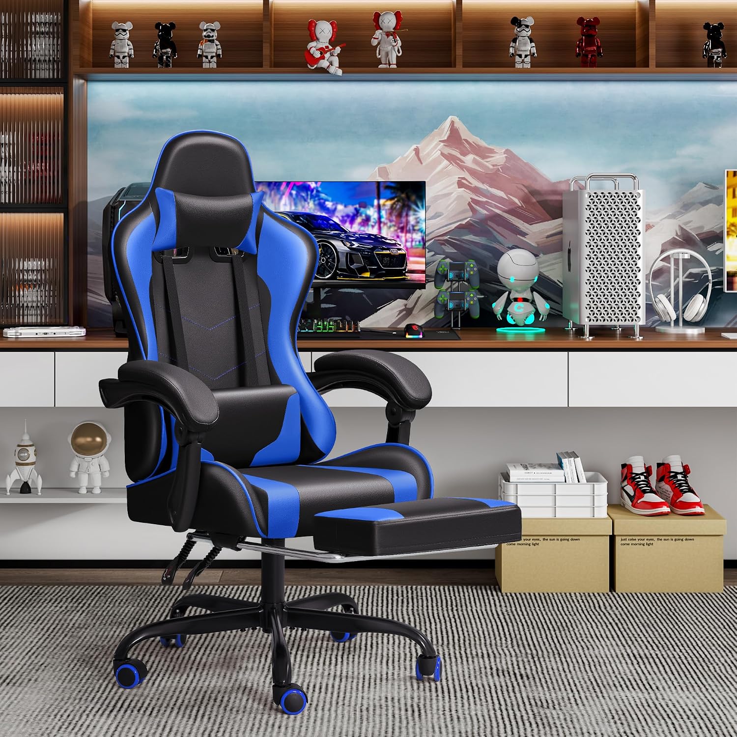 JUMMICO Gaming Chair Ergonomic Computer Chair with Footrest and Massage Lumbar Support, Height Adjustable Video Gaming Chair with 360° Swivel Seat and Headrest (Blue)
